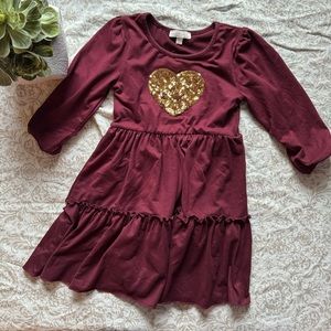 Burgundy Girls Dress with Gold Sequin Heart Size 5